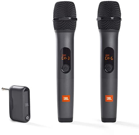 JBL Wireless Microphone Set – Kabelloser Systemverbund mit zwei Mikrofonen und Receiver – Zubehör für die JBL Party-Box – Mit Kardioid-Richtcharakteristik