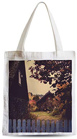 Fabulous Large Canvas Tote Shopping Bag Wooden House In A Garden Behind Wooden Palisade