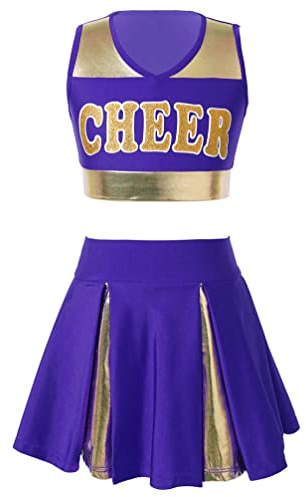winying Kids Girls Youth One Piece Cheerleading Cosplay Uniform Oufits V Neckline Dance Dress Cheer Leader Costume Purple B 8 Years