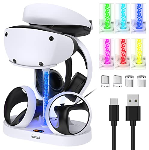 Ladestation für PS VR2 mit RGB-Licht, GORIXER Vertikale Ladestation Dock-Unterstützung für PSVR2 Headset-Display-Zubehör für PlayStation VR2 mit 4 Typ-C-Magnetadaptern für Sense Controller
