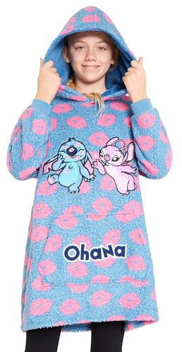 Disney Stitch Fleece Hoodie Blanket for Kids and Teenagers - One Size Fluffy Oversized Hoodie - Stitch Gifts (Blue Stitch/Angel)