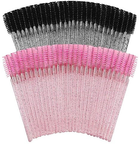 PLABBDPL Lot de 100 Brosses à Cils Jetables, Pinceaux pour les Yeux, Goupillon Cils Pinceau Cils avec Poignée en Cristal, Applicateur Cils Brosse pour Maquillage Extension Cils Sourcils (Rose, Noir)