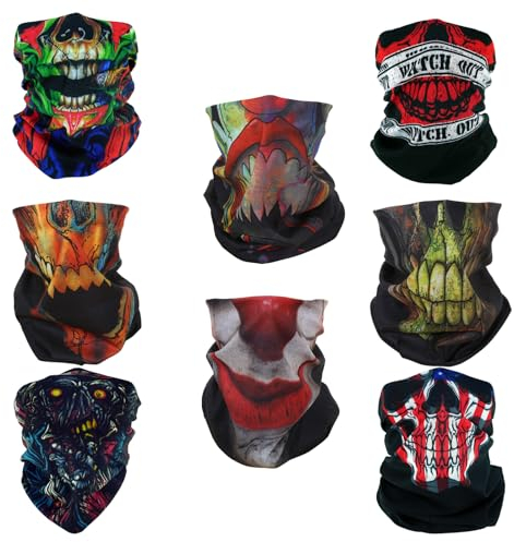 SMEHCF 8 Mehrzweck Bandanas für Damen Herren Stirnband Sturmhaube Haar Kopftuch Gesicht Halbmaske Halsmanschetten atmungsaktiv wiederverwendbar waschbar roter schwarzer Totenkopf Zombie
