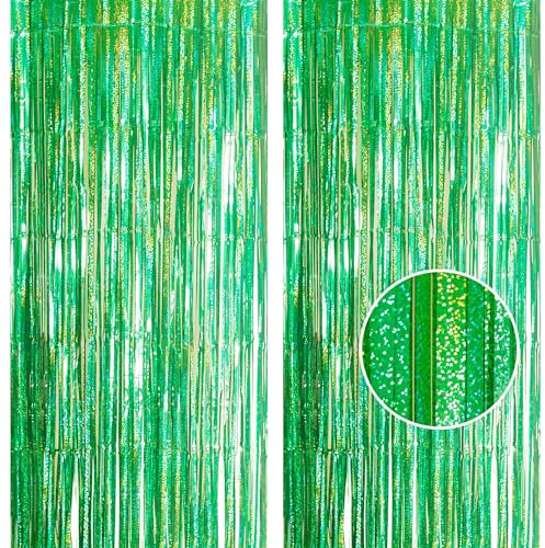 2pcs 3.2 x 8.3ft Glitter Green Tinsel Curtain Foil Fringe Curtain Backdrop Party Streamers Curtain Photo Backdrop Decorations for Birthday School Graduation Hen Christmas Party Decorations