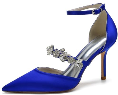 IvoireCh Tacchi da Sposa in Raso da Donna - Décolleté da Matrimonio con Cinturino alla Caviglia e Strass, Scarpe a Punta con Tacco Alto per Sposa e Ballo di Fine Anno, Eleganti Scarpe da Cocktail e