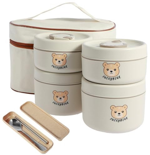 Lot de 3/4 boîtes à bento empilables pour adultes - Boîte à déjeuner isotherme portable et étanche avec baguettes, cuillère - Sac isotherme en acier inoxydable pour enfants et adultes (4 boîtes)