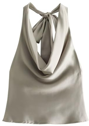 CORIRESHA Women's Elegant Satin Tie Back Cowl Neck Sleeveless Silk Backless Tank Top Grey