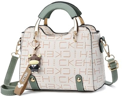 NICOLE & DORIS Handtasche Damen Klein Schultertaschen Mode Umhängetasche PU Leder Top Griff Tasche Mini Henkeltasche Mädchen Crossbody Bag mit Anhänger Grün mit Buchstaben