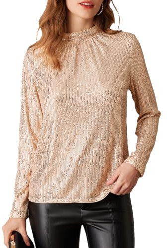 Damen Pailletten top Oberteile Glitzer Langarmshirts Stehkragen Party Festliche Oberteil Rosé gold M CL2815A24-02