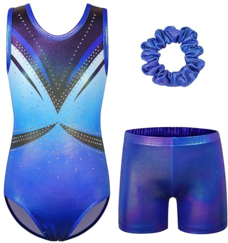 ZNYUNE Justaucorps Gymnastique Fille Un Short et Un Chouchou Ensemble Body avec Short pour Enfant 3-16 Ans B381 BlackBlue 6A