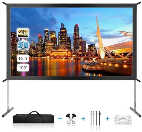 Pantalla de Proyector con Soporte de Inundación, Pantalla de Proyector para Exteriores con Pincho de Suelo y Cuerda de Fijación, Marco Robusto, Pantalla de Proyector Portátil Gruesa Sin Arrugas(120in)