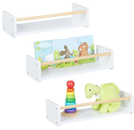 Relaxdays Estantes de Pared Infantiles, Set de 3, Baldas Flotantes Niños, 12x50x18 cm, Estantería Niños, Blanco/Natural