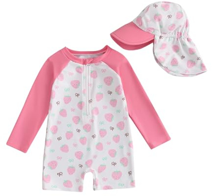 Geagodelia Toddler Baby Girl Swimsuit and Hat Zip Up Long Sleeve All in One Swimming Costume UV Sun Protection Swimwear One Piece Swimming Suit Rash Guard Sunsuit (Strawberry Bows White, 2-3 Years)
