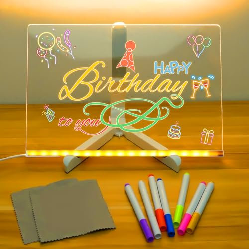 Tableau Lumineux Dessin Enfant - Tablette LED avec 7 Stylos Néons, Surface Effaçable 30x20cm, Cadeau Créatif pour Filles/Ados, Tableau d'Écriture Acrylique avec Support Réglable