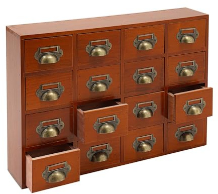 Garbenat Holz Schubladenbox 4 X 4 Stufige SchubladenOrganizer Vintage Apothekerschrank mit 16 Schubladen Schlafzimmer-Organisation Massivholz Aufbewahrung für Gewürze, Medikamente (Braun)