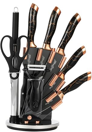 Lot de 9 couteaux design marbre doré, couteau de chef 20,3 cm, couteau à pain, couteau universel, couteau à éplucher, hachoir, ciseaux, fusil à aiguiser avec support, noir