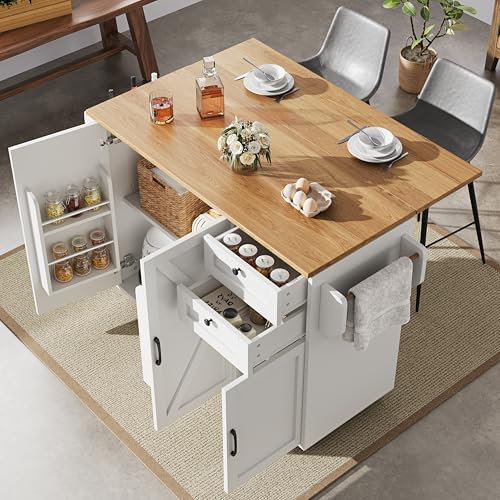 Oslghy Isla de Cocina con Ruedas y Mesa Extensible, Carro de Cocina con Mueble y Mesa, Carrito de Cocina con 2 Cajones y 3 Puertas, Mueble Buffet Comedor con Toallero, 120x43.2-71.2x92 cm (Blanco)