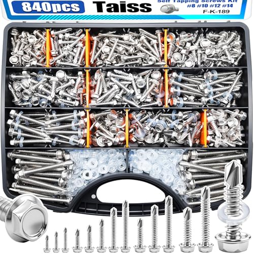 Taiss #14#12#10#8 Self Tapping Screws for Metal,410 Stainless Steel Metal High-Strength Quick Sheet Metal Screws,840PCS Hex Washer Head Self Drilling Screw with 420PCS Rubber Washer