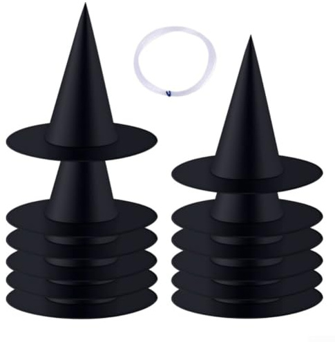 Lot de 12 chapeaux de sorcière pour costume d'Halloween et décoration de fête avec ligne de rouleau, tissu léger et pliable pour une utilisation en groupe (36 x 38 cm)