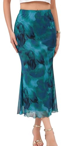 Genfien Jupes pour Femmes Taille Haute Elastiquée Jupe Sirène Midi D'été élégante en Maille Ourlet en Queue de Poisson Transparente Doublure Douce Plage Moulante Jupe de soirée