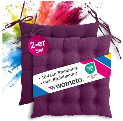 wometo Lot de 2 coussins de chaise avec liens - Certifié Oeko-Tex - 40 x 40 cm - Coton - Violet - Aspect lin