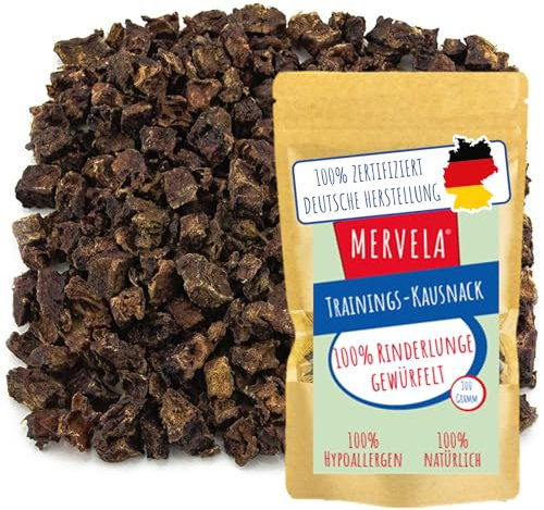 MERVELA® Rinderlunge gewürfelt | 300 Gramm | getrocknete Lunge für Hunde | ideale Belohnung | Trainingssnack | Leckerli getreidefrei | Hundesnack Pute | Leckerlies | Trainingssnack