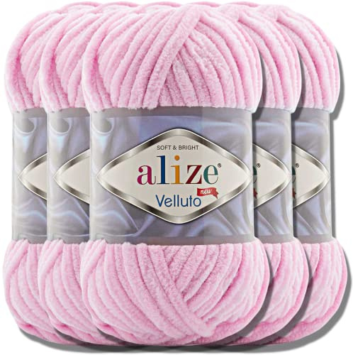 Hobby YARN Alize Velluto 5x 100g Türkische Strickwolle super Bulky Wolle zum Häkeln Uni Farbe Babywolle Flauschgarn Filzwolle Kuschelwolle (Baby Pink | 31)