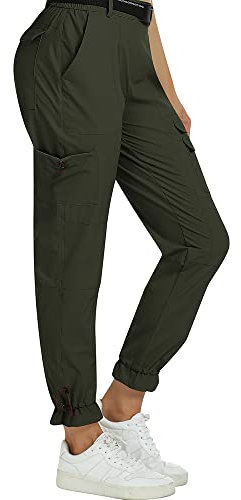 MoFiz Wanderhose Damen Leichte Cargohose Atmungsaktiv Trekkinghose Workout Wasserdicht Winddicht Casual Outdoorhose Grün L