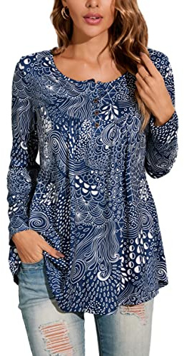 Enmain Tunique Femme Manches Longues Col V - Chemisier Ample Leggings Palangre T-Shirt Grande Taille Imprimé Floral S-3XL