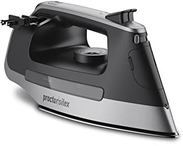 Proctor Silex Steam Iron for Clothes with Durable Stainless Steel Soleplate, 1500 Watts, 8’ Retractable Cord, 3-Way Auto Shutoff, Anti-Drip, Gray and Black (14250)
