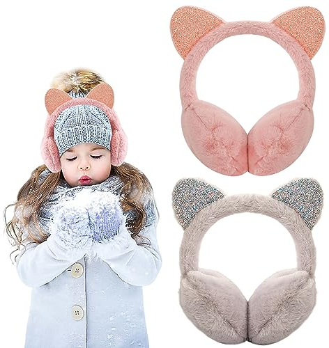 Forreen Ohrenwärmer Mädchen, 2 Stück Ohrenschützer Winter Warme Süße Katzenohren Design Gemütlich Verstellbar Ear Cover Weichem Plüsch Ohrwärmer für Kaltes Wetter im Freien
