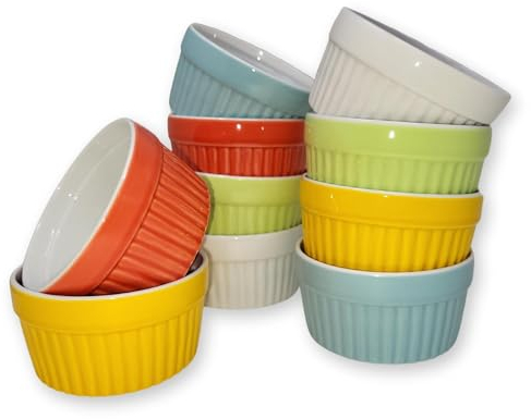 ToCi 10 x Bunte Soufflé Förmchen Ø 9 cm – Ofenfeste Keramikförmchen je 185 ml – Creme Brulée Schälchen & Dessertschalen – Auflaufformen für Pasteten, Schoko-Soufflé
