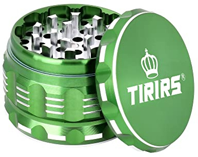 TIRIRS 2.5 Inches 4 Pieces Premium Herb Grinder - Aluminium Large Spice Grinder with Pollen Catcher, Comes with Pollen Scraper and Cleaning Brush, Green
