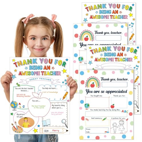 Harloon 50 Pcs Teacher Appreciation Card Large Coloring Thank You Cards 8.5 x 11 Inch Fun DIY Appreciation Card Gifts for Teachers from Student Fill in The Blank Greeting Poster for Kids Children