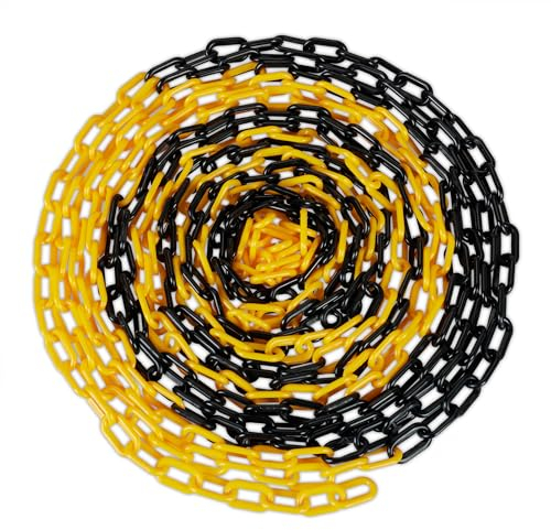 Relaxdays Cadena de Plástico para Señalización, Barrera Obra, Valla Aparcamientos, Colas, 10 m, Negro y Amarillo