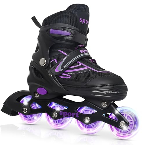 Kids Inline Skates for Girls Ages 6-12, Adjustable 4 Size Blades Roller Kids Skates for Girls and Boys, Youth and Teens, Beginner with Full Wheels Illuminating (Black&Purple, Small Size)