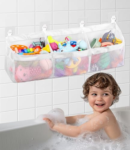 Bixury Organizador de Juguete de Baño Bolsa de Juguetes de Baño Almacenamiento para la Bañera 67 × 14 × 20 cm Red de Grande Organizadores de Juguetes Baño con 4 Ganchos Autoadhesivos Accesorios Ducha