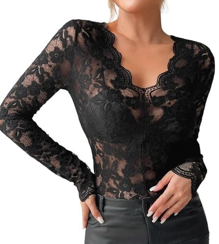 Duohropke Body en dentelle pour femmes - Léger - Transparent - Blouse en dentelle - Col en V profond - Bodies à manches longues - Élégant - Bodies à manches longues - Dentelle - Haut à col montant