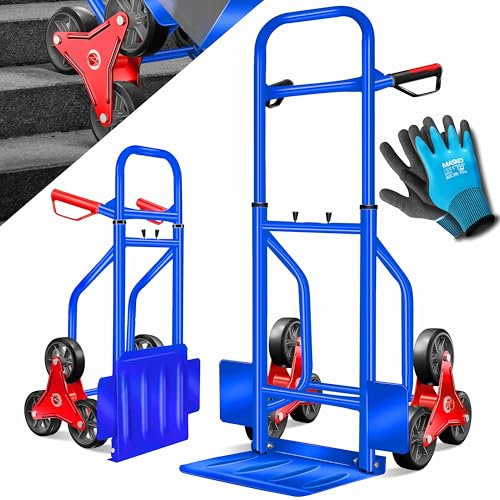 MASKO® Carretilla para escaleras, 200 kg, carretilla de transporte apilable, plegable, ruedas de goma dura, asas de plástico, marco de acero, ruedas de estrella de 3 capas, incluye guantes, color azul