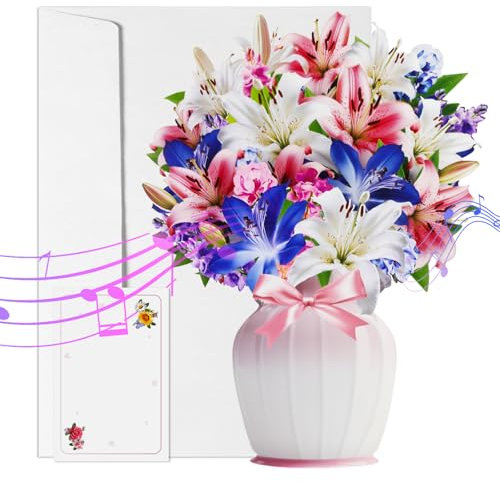 TruePetal Pop Up Blumen Karten, Papier Blumenstrauß 3D Popup Grußkarten, Geburtstagskarte, Jahrestag Karte mit leeren Karte und Umschlag für Frauen (Lilien)