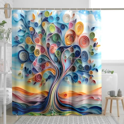 DESIHOM Paper Quilling Tree Shower Curtain Set 72 W x 78 L, Fun Spring Colorful Nature Bathroom Decor, 3D Scenic Printed Fabric Bath Accessories