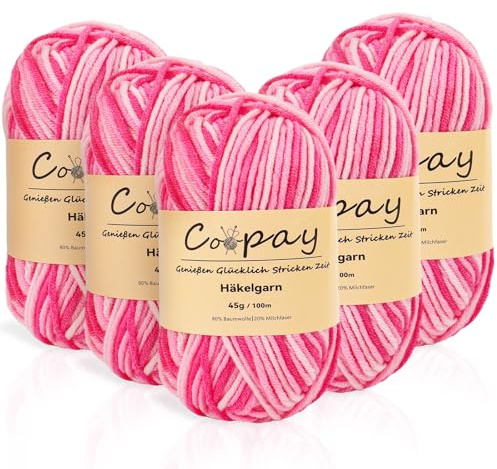 Coopay Wolle zum Häkeln, 5 x 45g Farbverlauf Häkelgarn, 5-Fädig Wolle zum Stricken, Weicher Häkelgarn Mehrfarbig, Bunt Garn zum Stricken Häkeln, Schönes Acrylgarn für Anfänger,Rosa