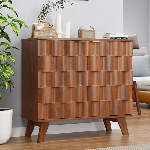 QEIUZON Buffet Cabinet, Fluted Sideboard Storage Cabinet with Adjustable Shelf and Door Handles, Modern Console Table Credenza for Living Room, Bedroom, Kitchen (Walnut)