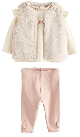 NEXT Bambina Completo bebè 3 pezzi con smanicato in pelo, maglia e leggings Rosa/crema 18 Mesi-24 Mesi