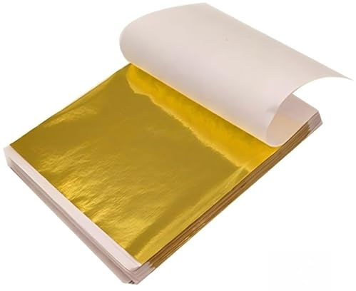 100PCS Gold Leaf Sheets,Crafts Gold Foil Paper Leaf,Multipurpose Decorative Gold Foil Sheets,Decoupage Paper Sheets,Leaf Foil Paper for Crafts,Gold Flakes,K Gold Foil