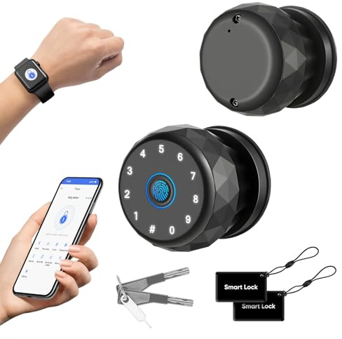 Smart Lock, Pomello Porta Intelligente con Impronta Digitale, Tastiera, Controllo App, Senza Chiavi per Stanze, Garage, Uffici, Appartamenti, Memorizzazione Dati in Locale, Compatibile con Apple Watch