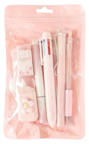 TIHNY Set Cancelleria Rosa 6 Pezzi - Forniture per Ufficio e Scuola con Penna Gel, Evidenziatore, Penna a Sfera, Matita Meccanica, Nastro Correttore