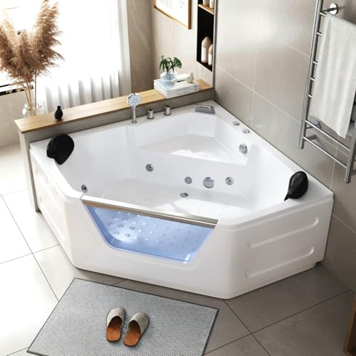 Corner Bathtub - 59 Corner Jetted Luxury White Whirlpool Acrylic Bathtub with 7 Color Light Ideal for Couples' Relaxation and Wellness Home Spa, Ergonomical Bathtub Includes Faucet & 2 Bath Pillows