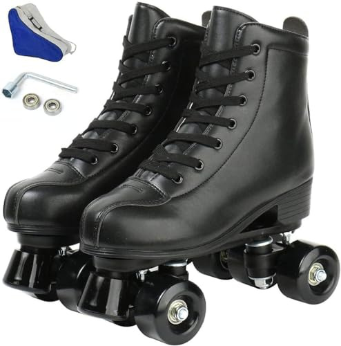 Jessie PU Leather Skates - Adjustable Four-Wheel Premium Roller Skates for Women, Men, Boys & Girls (Black, Women's 13/Men's 11)