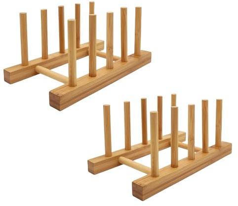 efbock Platthyllhållare för köksskåp bambu trä skärbräda bricka diskställ dräneringar, köksskåp organiserare för platta/kopp/grytlock (2, 4 spår)